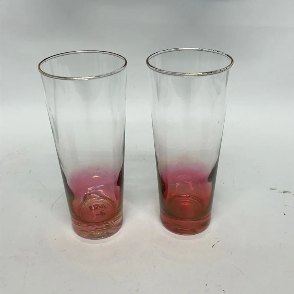 Set of Two Pink Ombre Glasses vintage tall, highball glasses